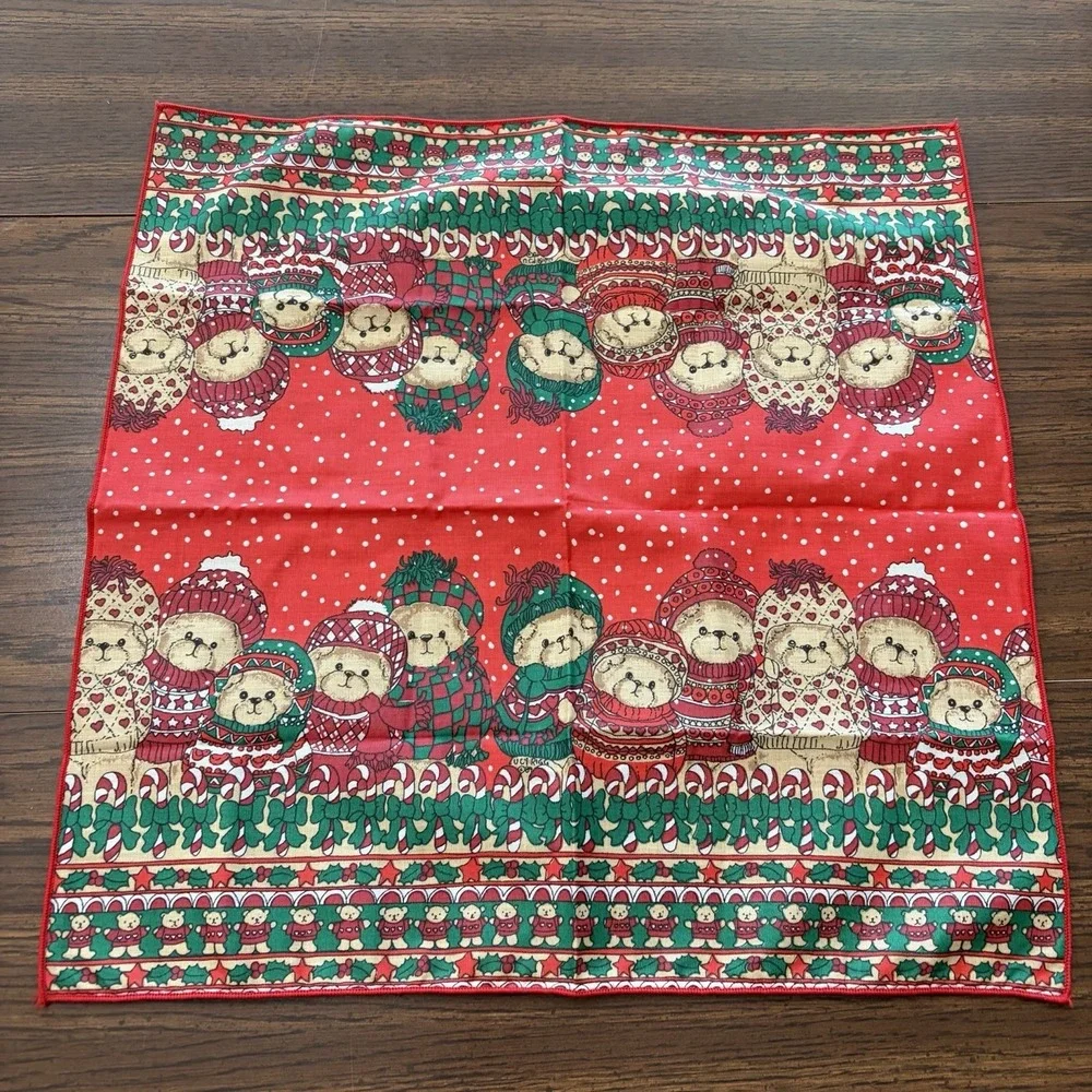 Vintage Christmas Napkins Set Of 3 Teddy Bear Cloth Table Linens 80s 90s